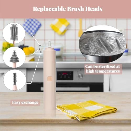 Augensterm Electric Bottle Brush Cleaner with 3 Silicone Brushes and Straw Cleaner Pink