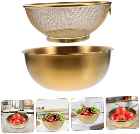 VOSAREA 1 Set Stainless Steel Colander with Drain Basket and Gold Bowls