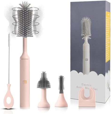 Augensterm Electric Bottle Brush Cleaner with 3 Silicone Brushes and Straw Cleaner Pink