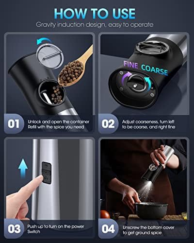PSOS Gravity Electric Salt Pepper Grinder Set - USB Rechargeable with LED Light