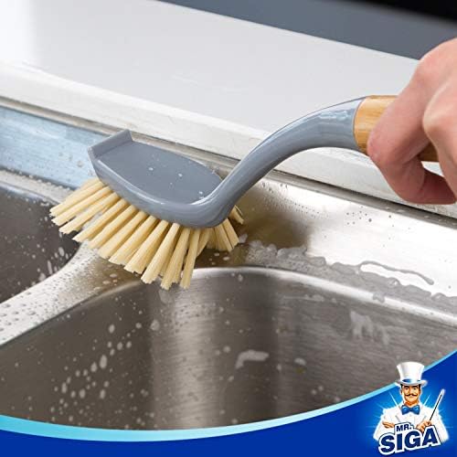 MRSIGA Dish Brush with Bamboo Handle and Scraper Pack of 2