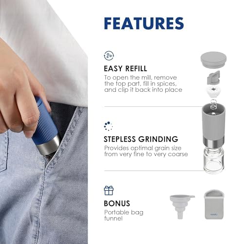 vzaahu Mini Salt Pepper Grinder Set with Bag and Funnel