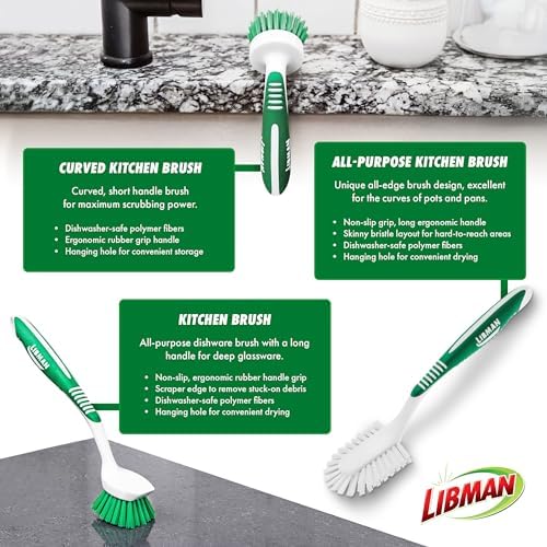Libman 3-Piece Cleaning Brush Kit for Kitchen Basins Sinks Dishwashers