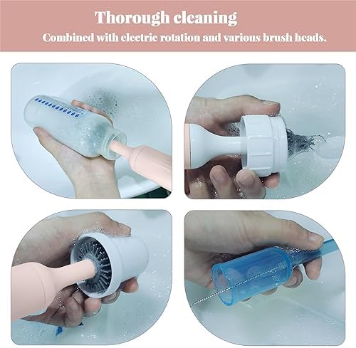 Augensterm Electric Bottle Brush Cleaner with 3 Silicone Brushes and Straw Cleaner Pink