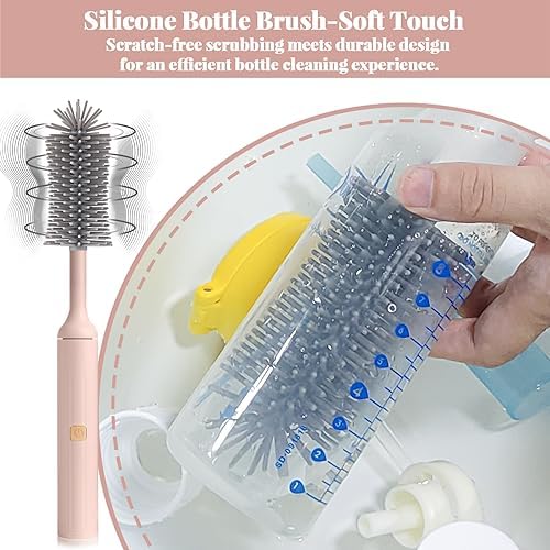 Augensterm Electric Bottle Brush Cleaner with 3 Silicone Brushes and Straw Cleaner Pink