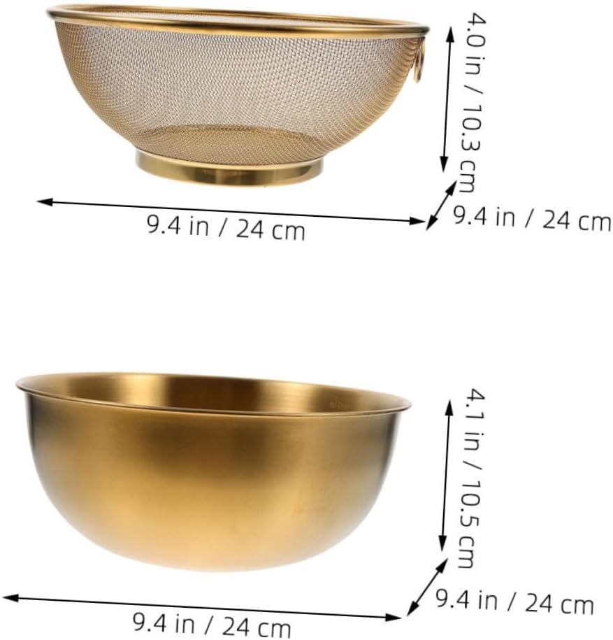 VOSAREA 1 Set Stainless Steel Colander with Drain Basket and Gold Bowls