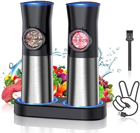 PSOS Gravity Electric Salt Pepper Grinder Set - USB Rechargeable with LED Light