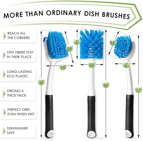 MOSOLAN 3-Piece Dish Brush Set with Scraper Edge