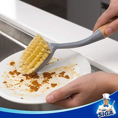 MRSIGA Dish Brush with Bamboo Handle and Scraper Pack of 2