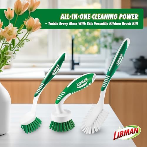 Libman 3-Piece Cleaning Brush Kit for Kitchen Basins Sinks Dishwashers