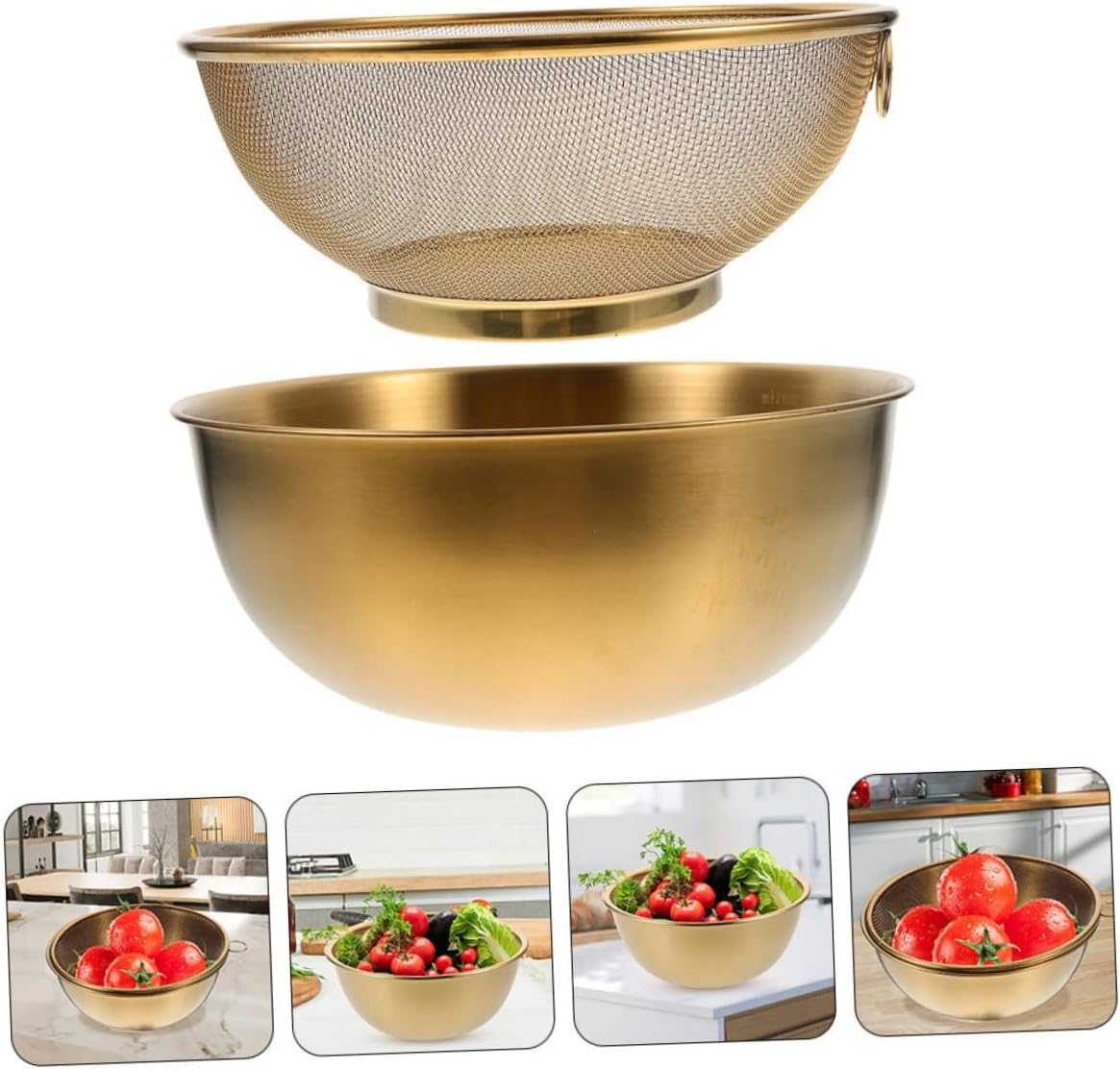VOSAREA 1 Set Stainless Steel Colander with Drain Basket and Gold Bowls