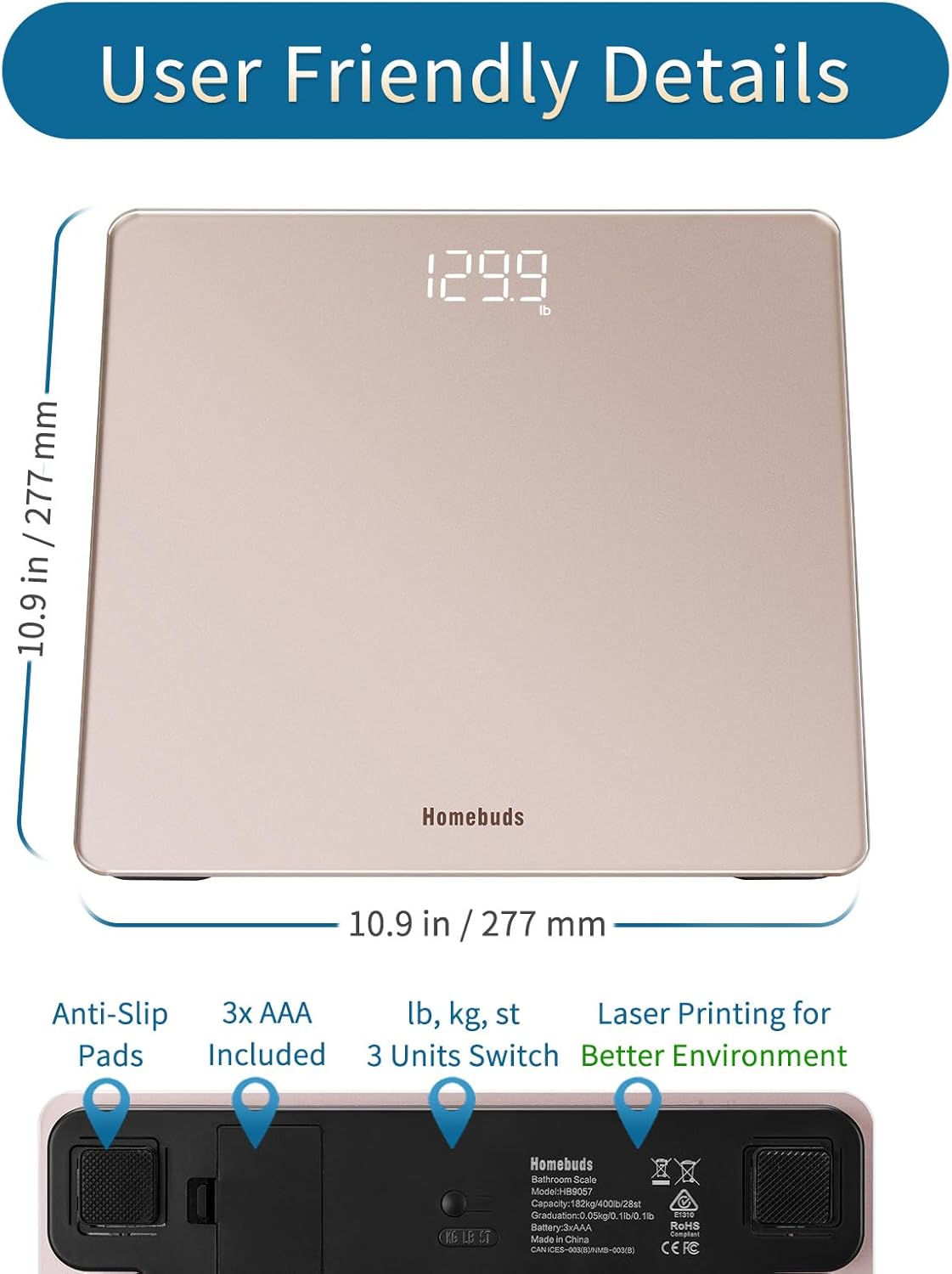 HomeBuds Digital Bathroom Scale 400lbs Rose Gold
