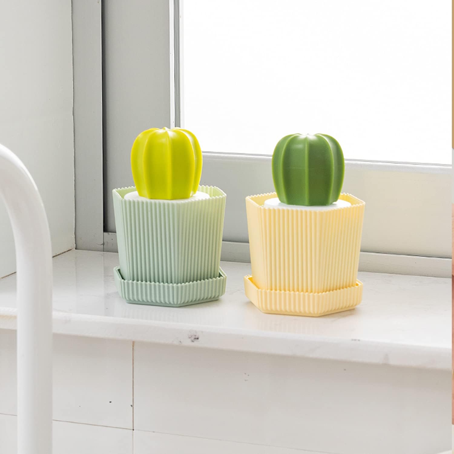 Sirensky Cactus Dish Brush Set with Drip Tray Green