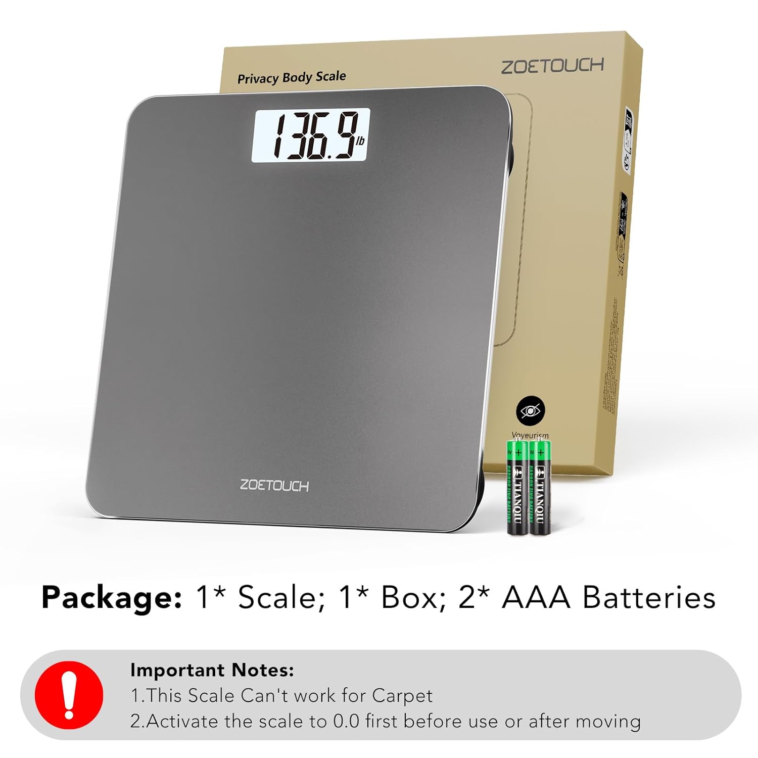 ZOETOUCH Digital Bathroom Scale with Backlit LCD and Tempered Glass