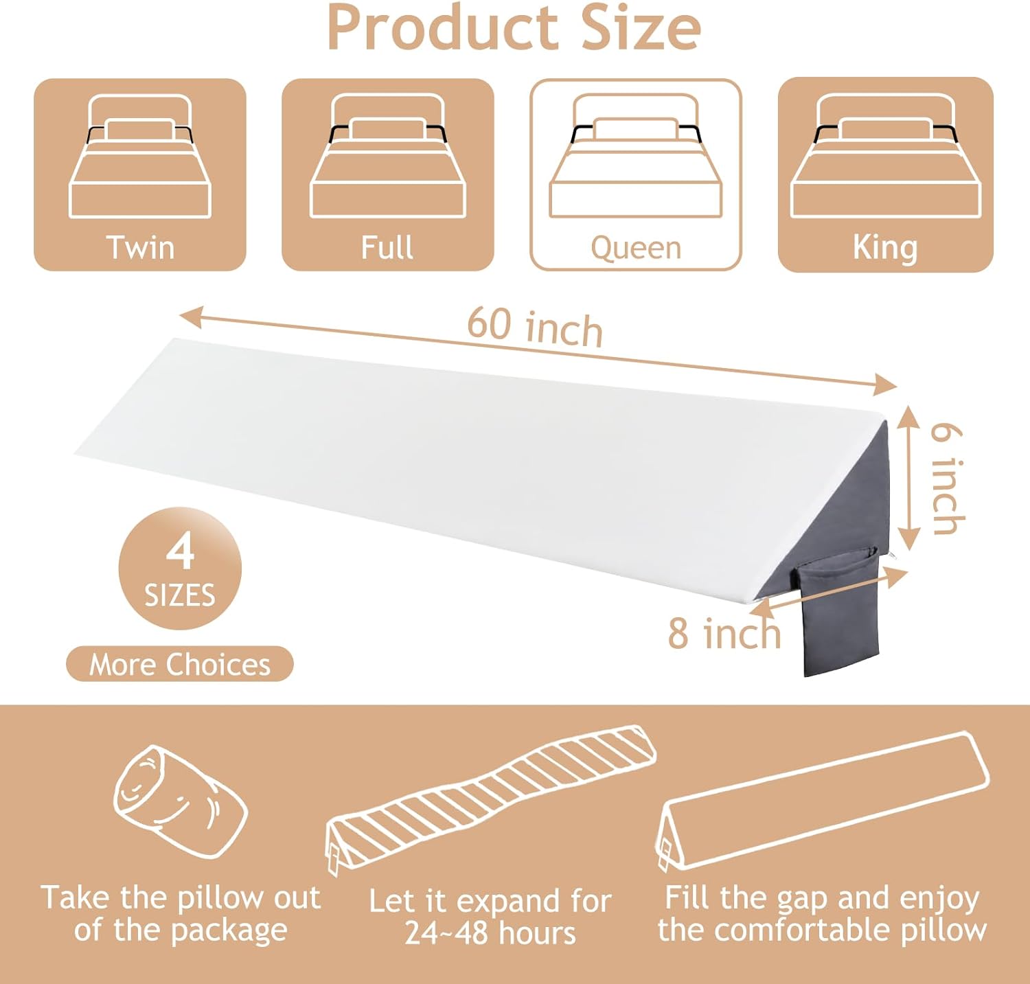 Voctriam Bed Wedge Pillow for Headboard Gap 60x8x6 White