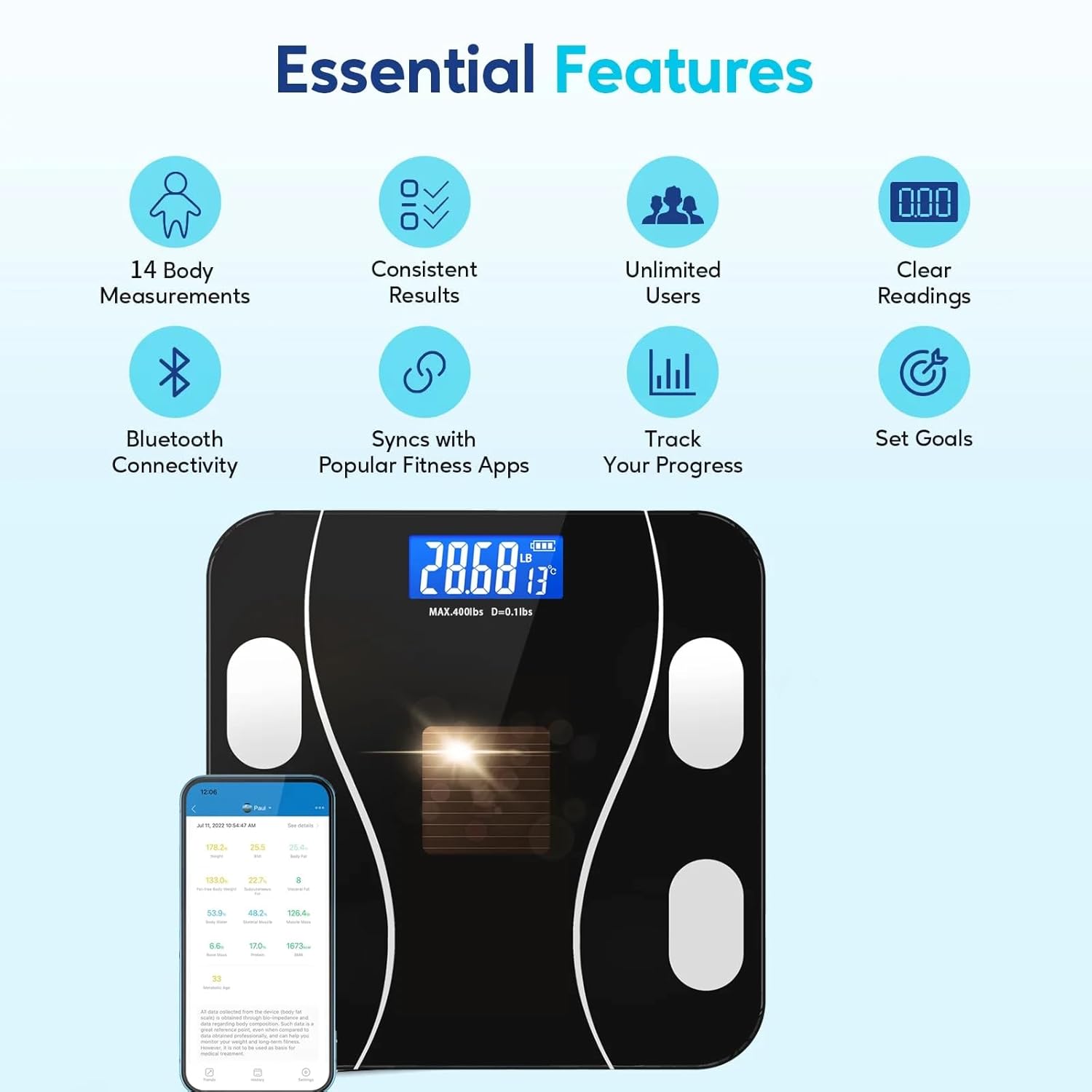 Eayaele Solar Powered Body Fat Scale with 8 Profiles
