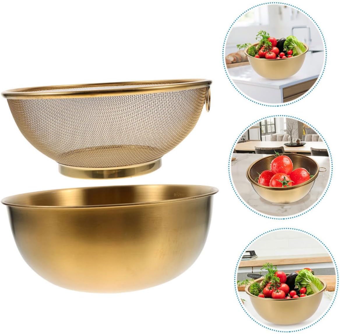 VOSAREA 1 Set Stainless Steel Colander with Drain Basket and Gold Bowls