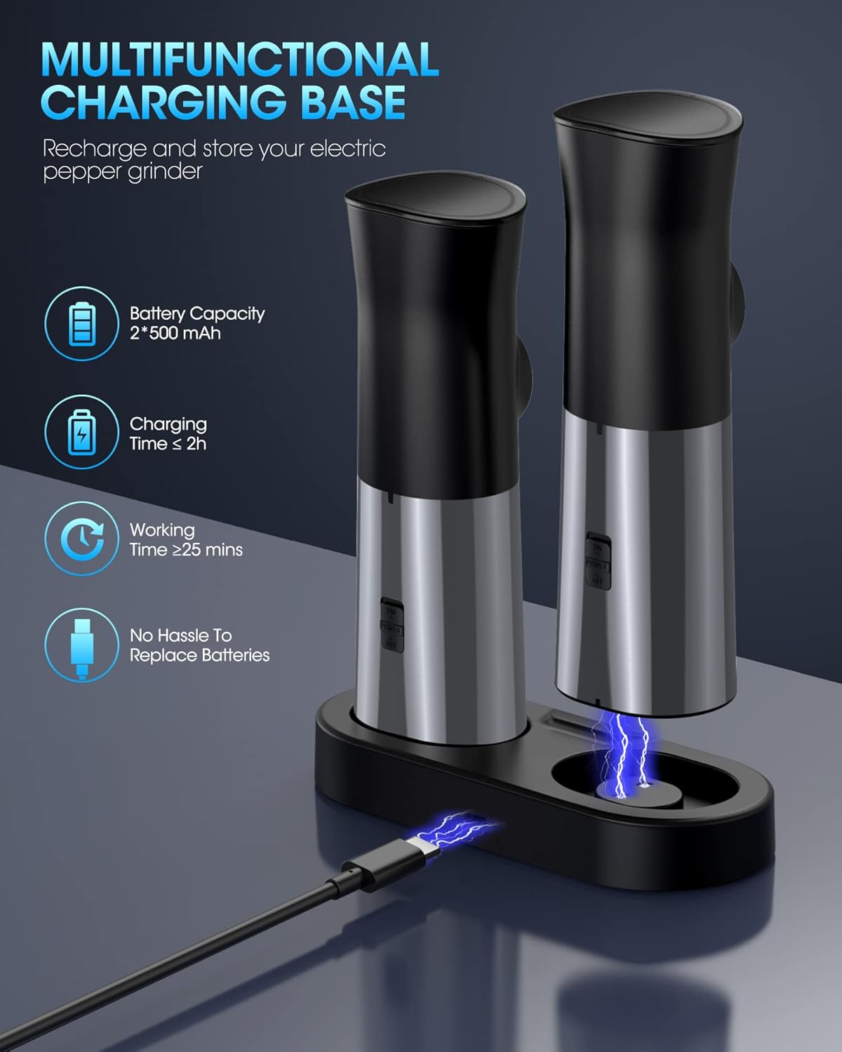 PSOS Gravity Electric Salt Pepper Grinder Set - USB Rechargeable with LED Light