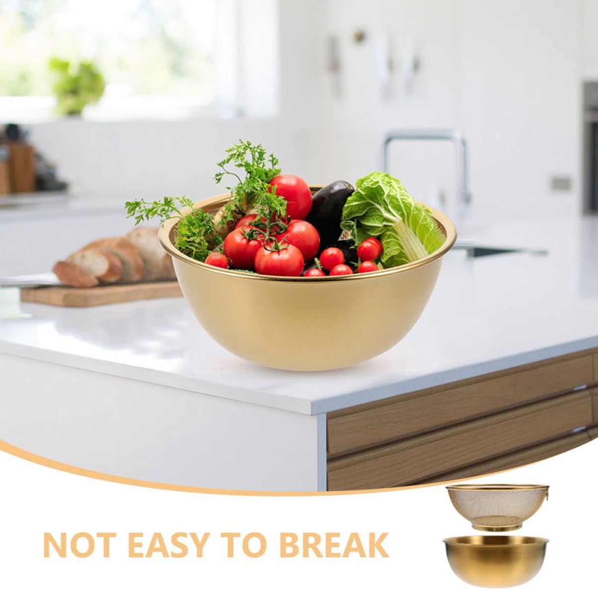 Zerodeko Gold Stainless Steel Colander Drain Basket Set