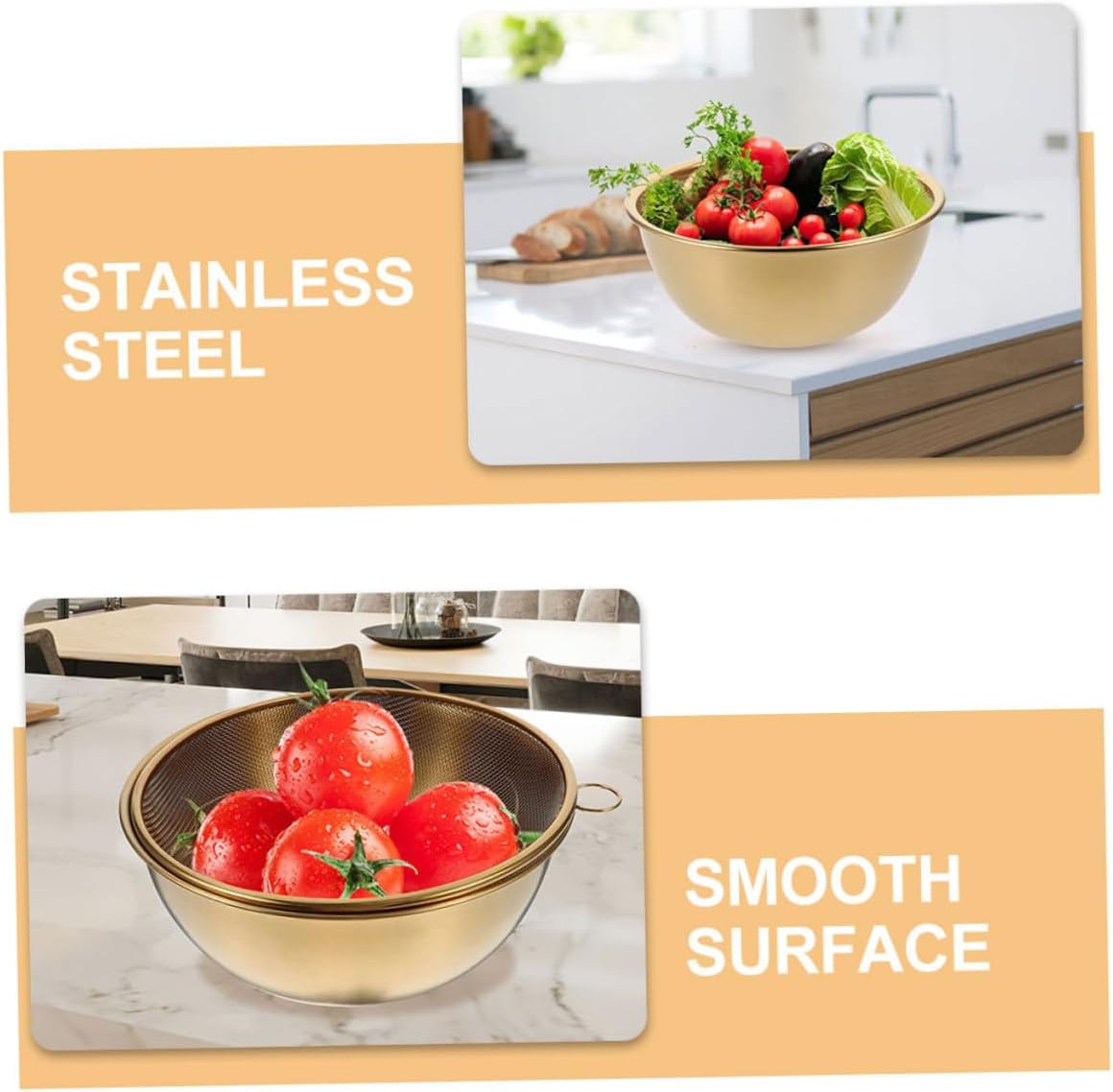 VOSAREA 1 Set Stainless Steel Colander with Drain Basket and Gold Bowls