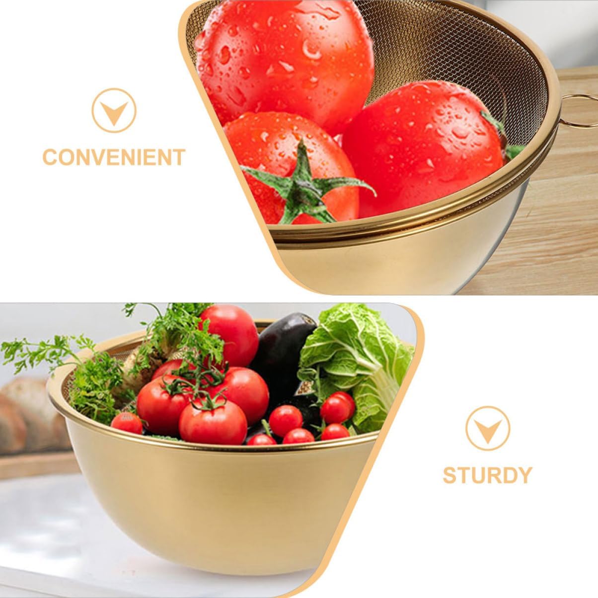 Zerodeko Gold Stainless Steel Colander Drain Basket Set