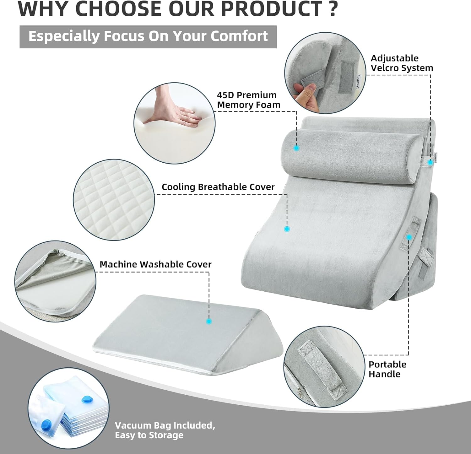 Lucresta 4PCS Orthopedic Wedge Pillow Set for Back Neck Leg Pain Relief