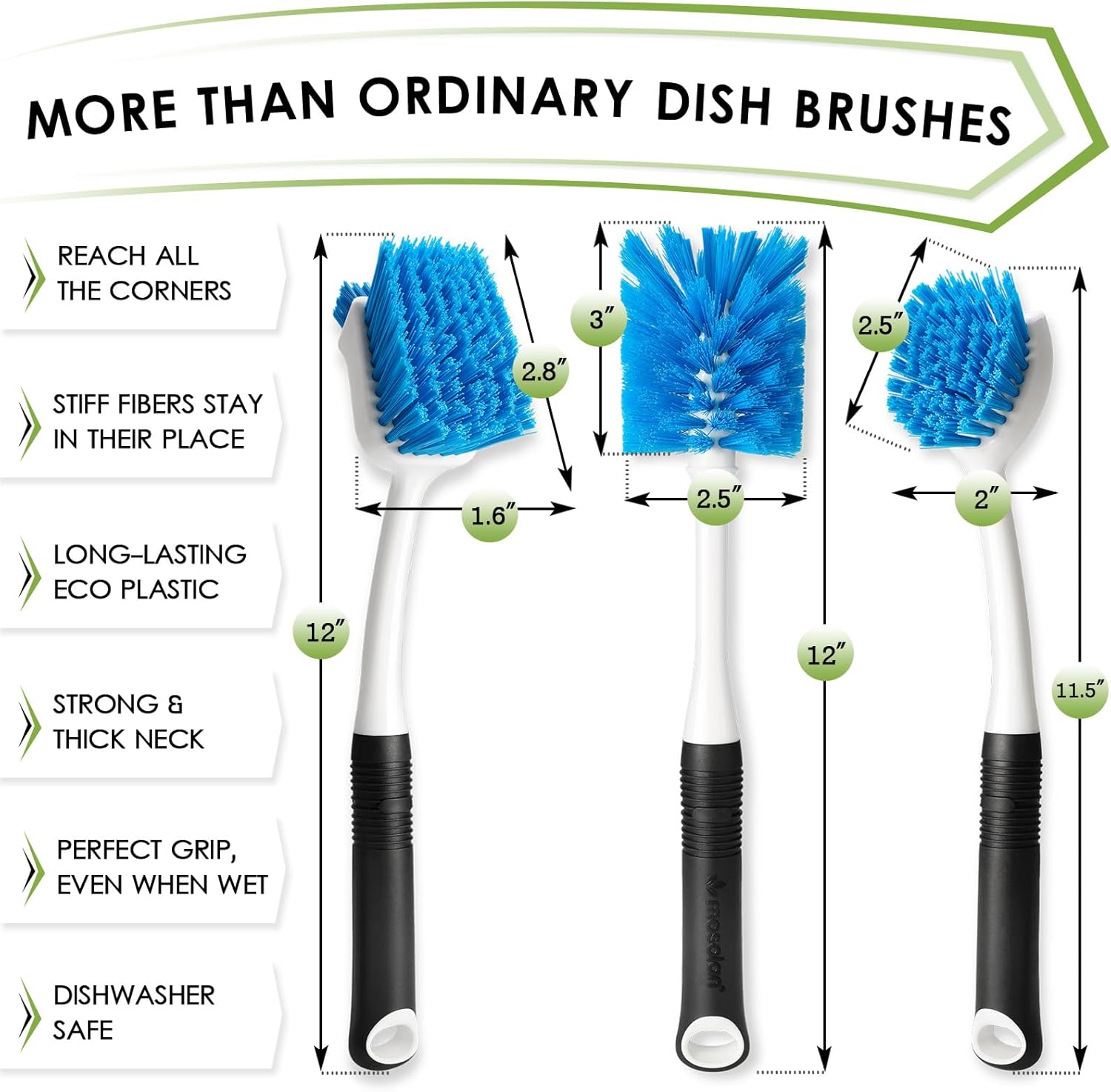 MOSOLAN 3-Piece Dish Brush Set with Scraper Edge