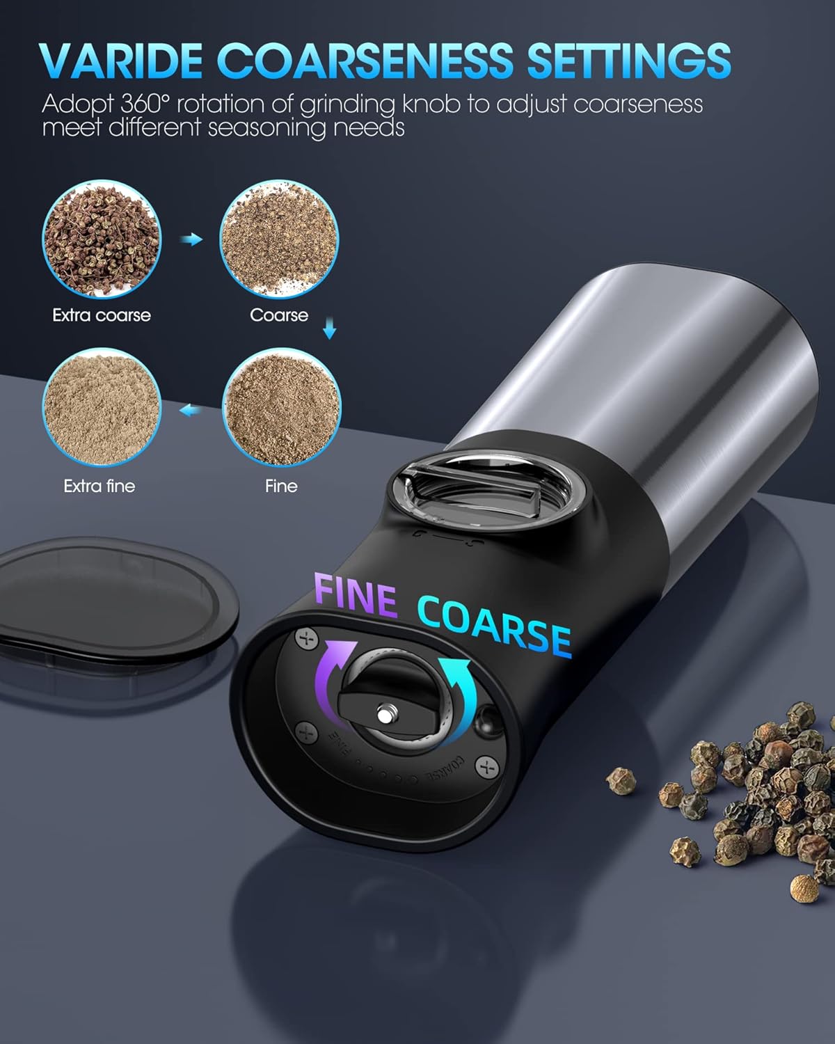 PSOS Gravity Electric Salt Pepper Grinder Set - USB Rechargeable with LED Light