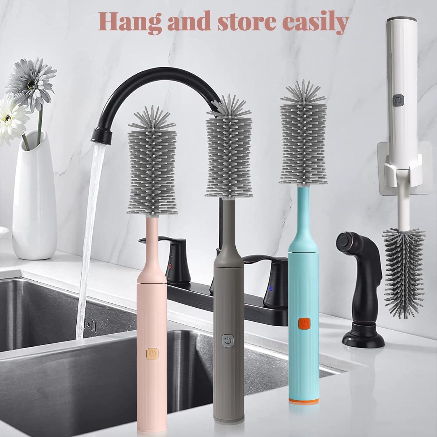 Augensterm Electric Bottle Brush Cleaner with 3 Silicone Brushes and Straw Cleaner Pink