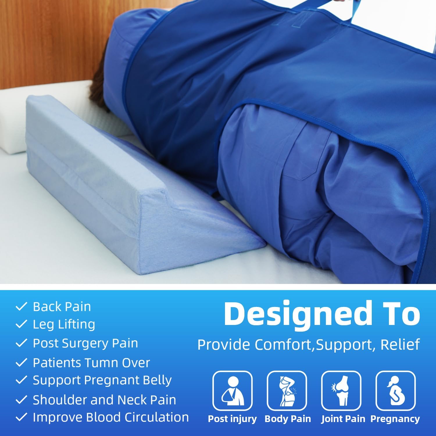 UniHygge Blue Wedge Pillow for Back Support and Side Sleeping