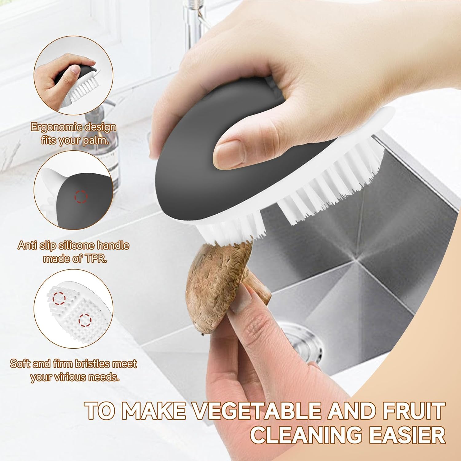 2 Pack Vegetable Brush with No-Slip Handle and Dot Remover 1