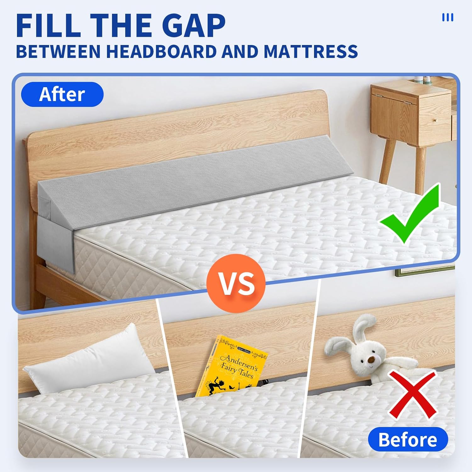 Krightlink Bed Gap Filler Pillow with 2 Pockets