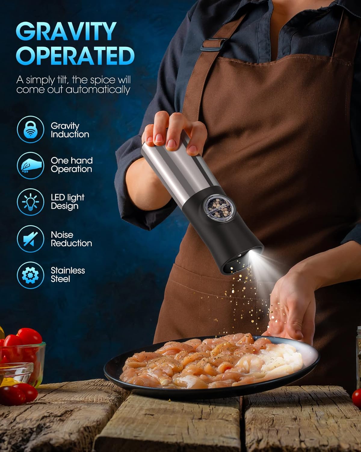 PSOS Gravity Electric Salt Pepper Grinder Set - USB Rechargeable with LED Light