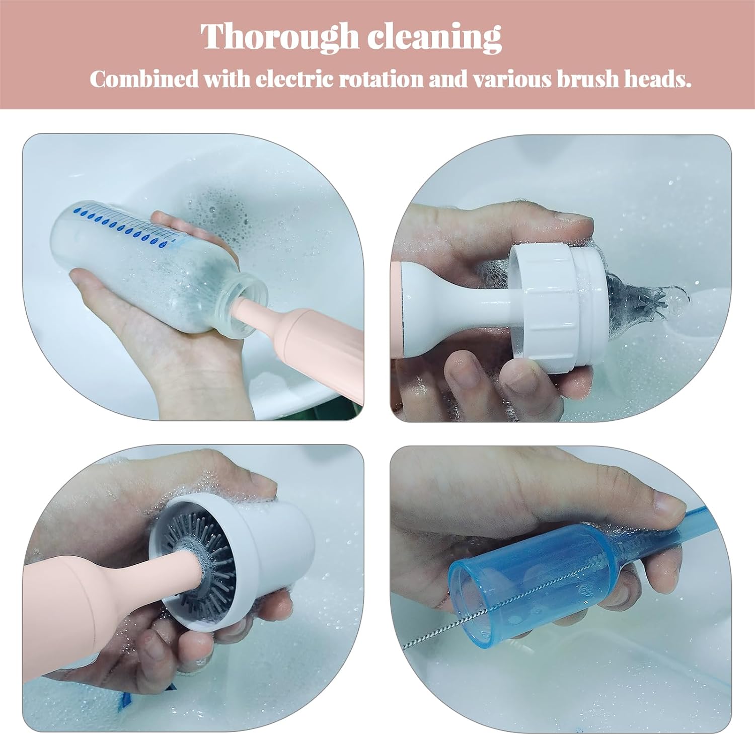 Augensterm Electric Bottle Brush Cleaner with 3 Silicone Brushes and Straw Cleaner Pink