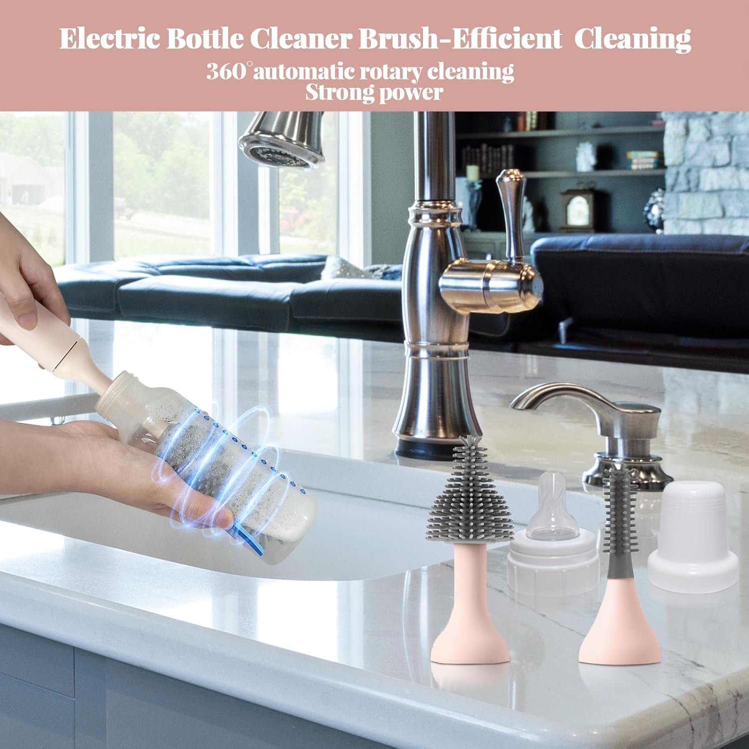 Augensterm Electric Bottle Brush Cleaner with 3 Silicone Brushes and Straw Cleaner Pink