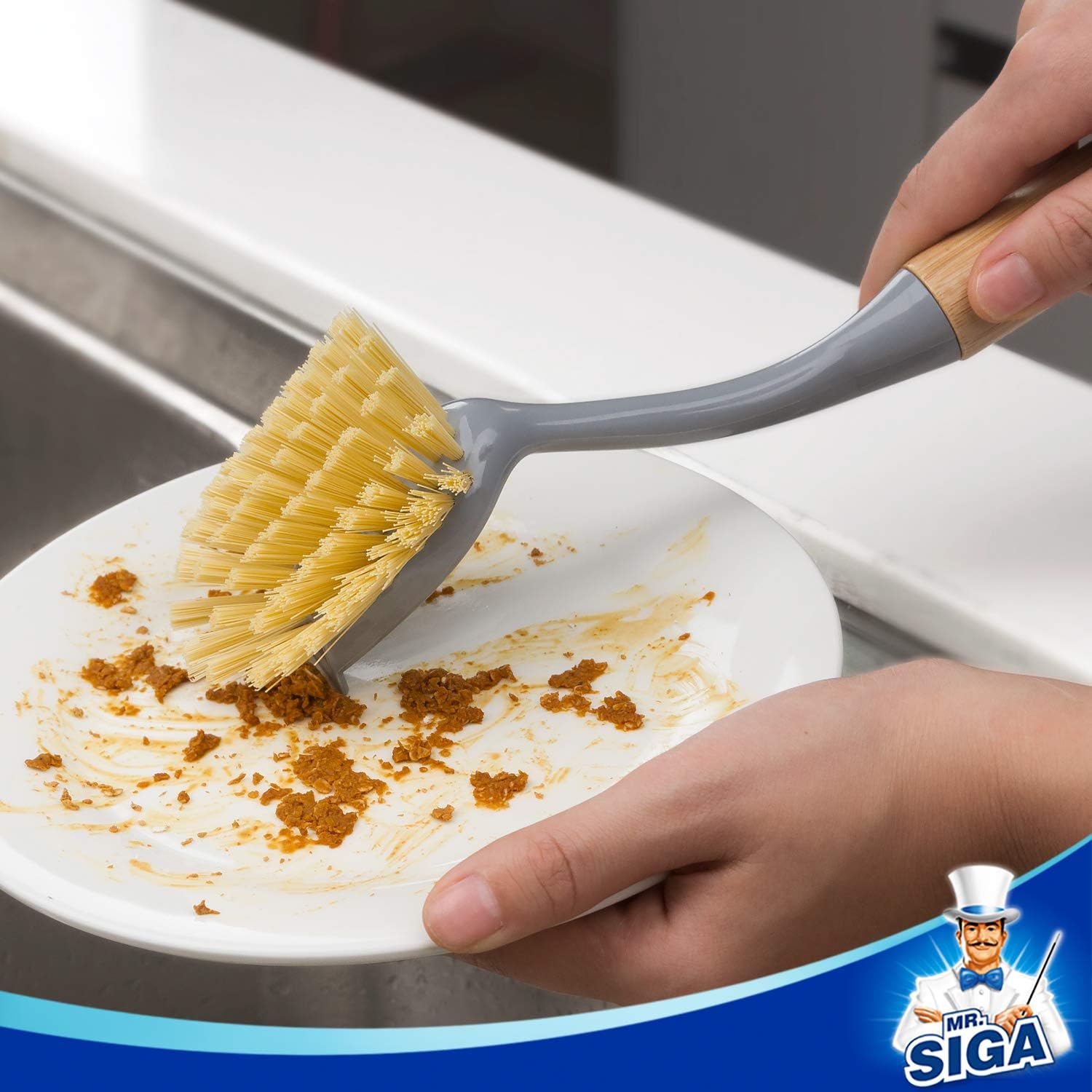 MRSIGA Dish Brush with Bamboo Handle and Scraper Pack of 2