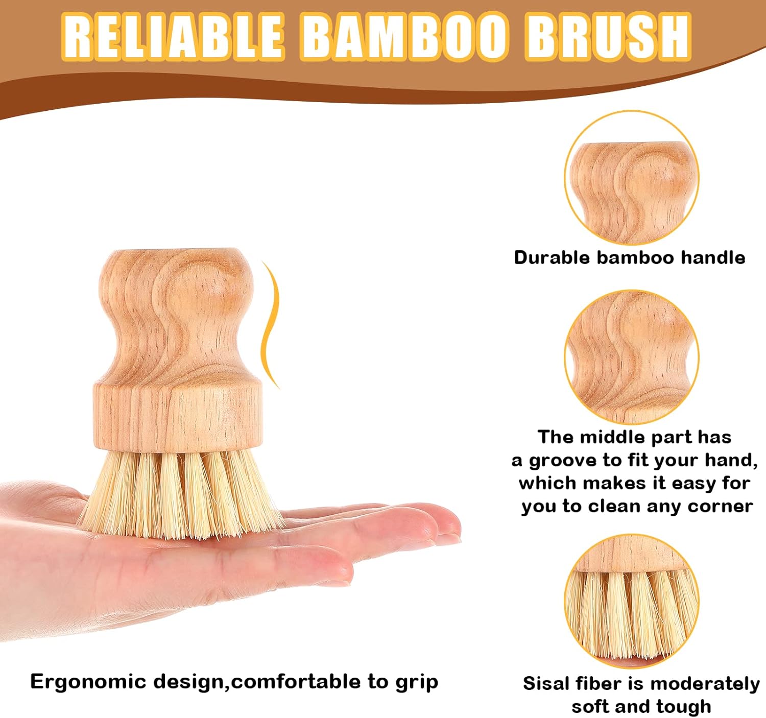Nuenen 6-Pack Bamboo Dish Scrub Brushes Set