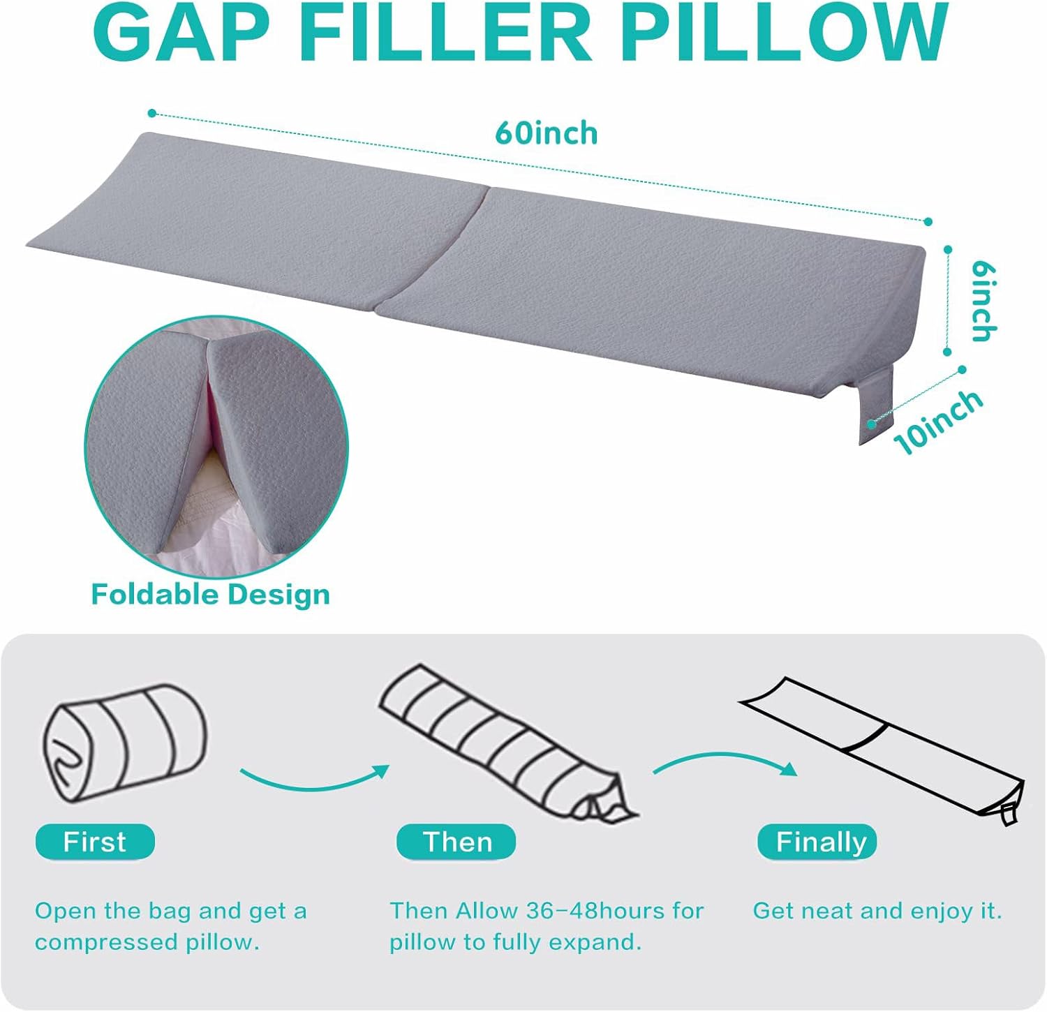 SLIGUY Queen Bed Gap Filler Pillow - 60x10x6 Grey