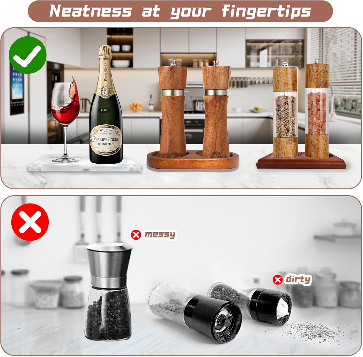 Hion Salt and Pepper Mill Tray - Rubberwood Elegant and Durable