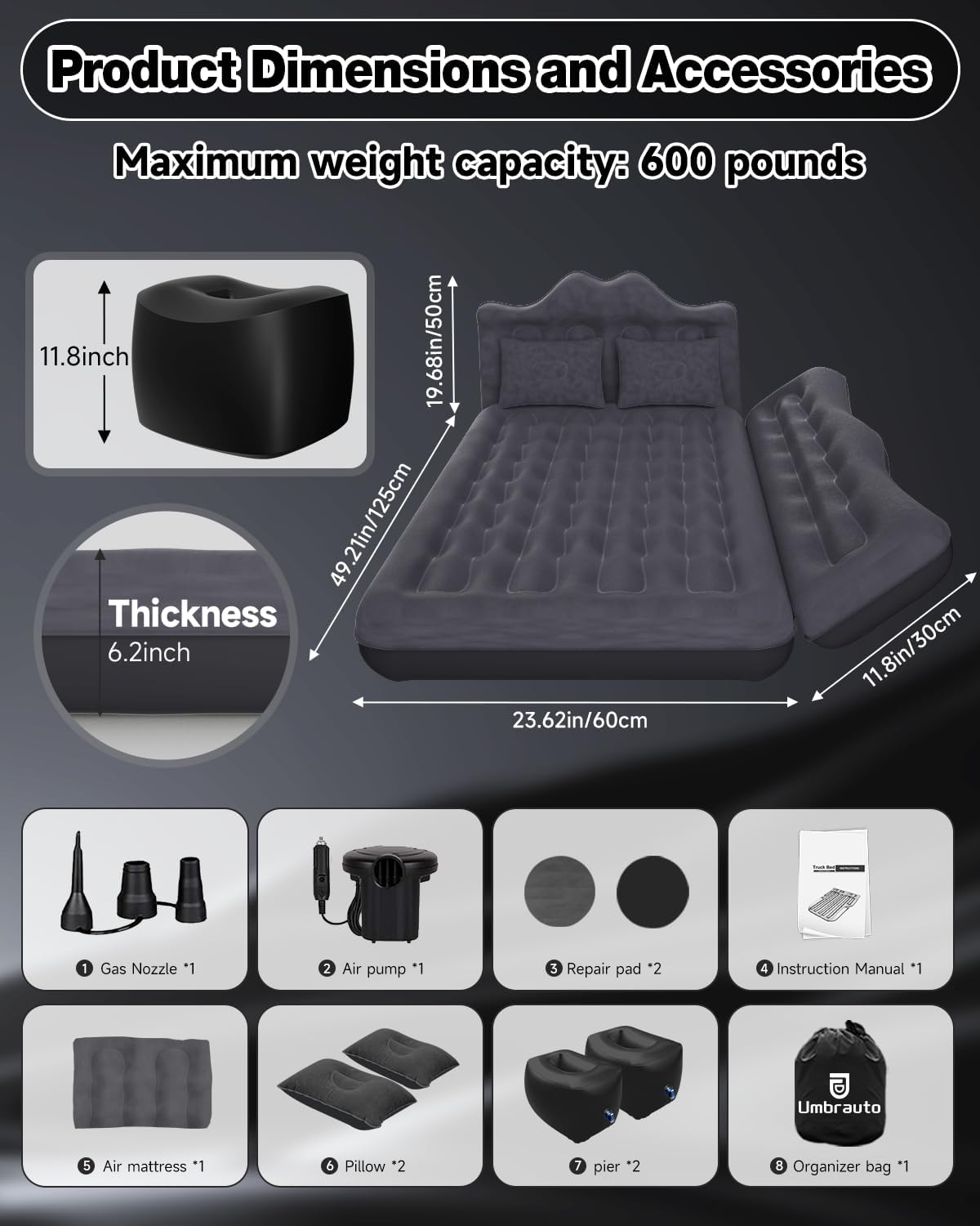 Umbrauto Car Air Mattress with Pump and Pillows
