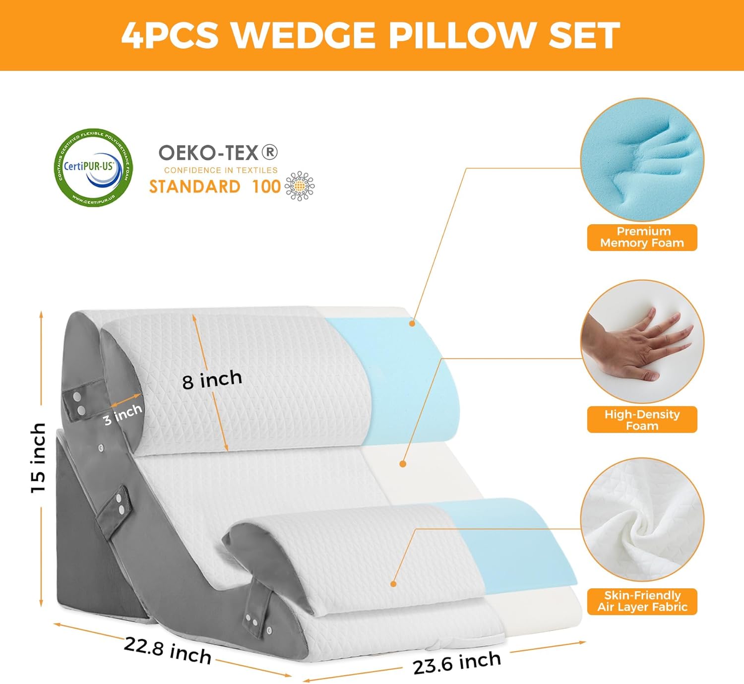4PCS Adjustable Wedge Pillow Set for Post Surgery and Acid Reflux Relief