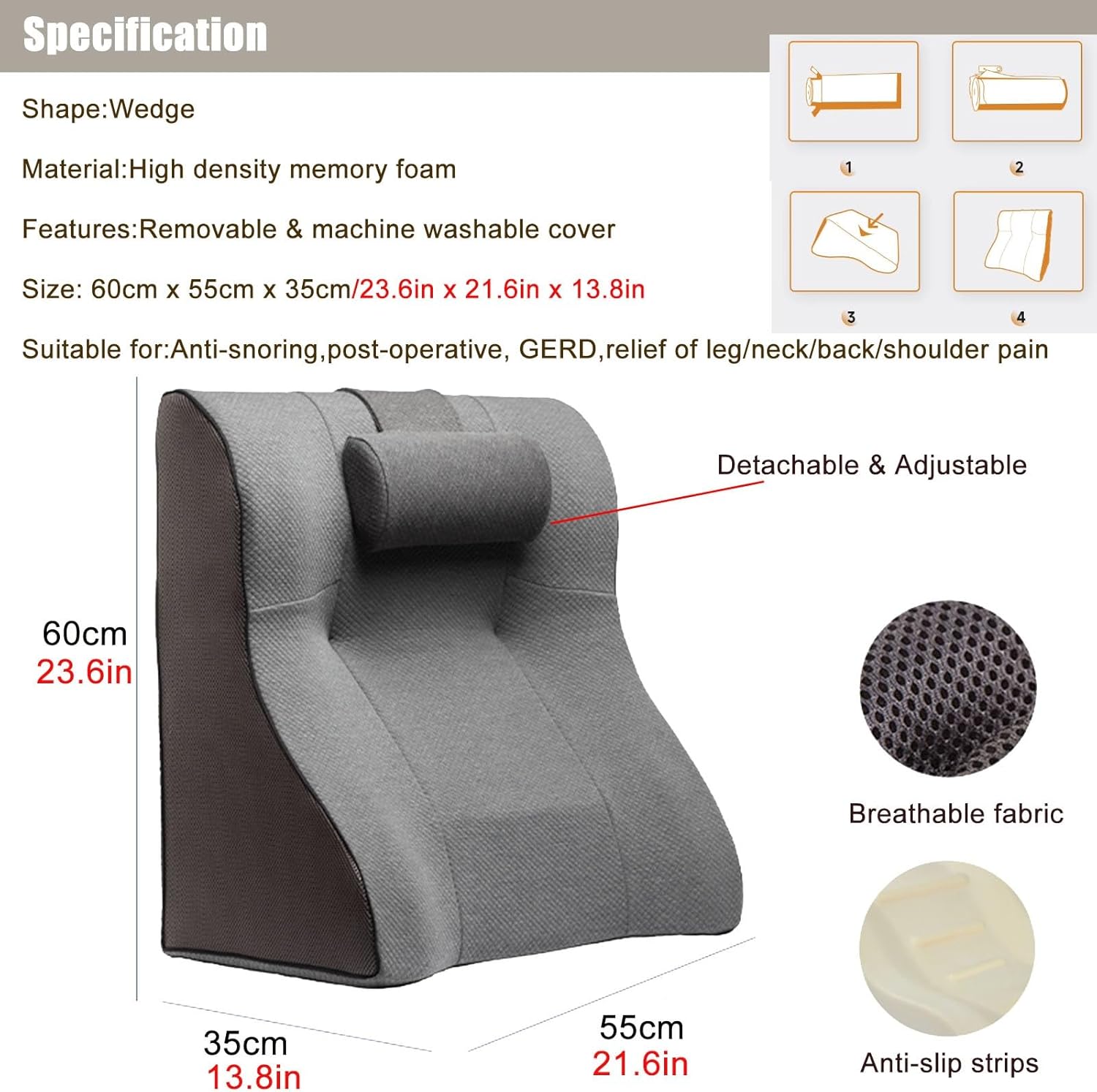 RENLXFI Breathable Incline Pillow for Acid Reflux and Back Support