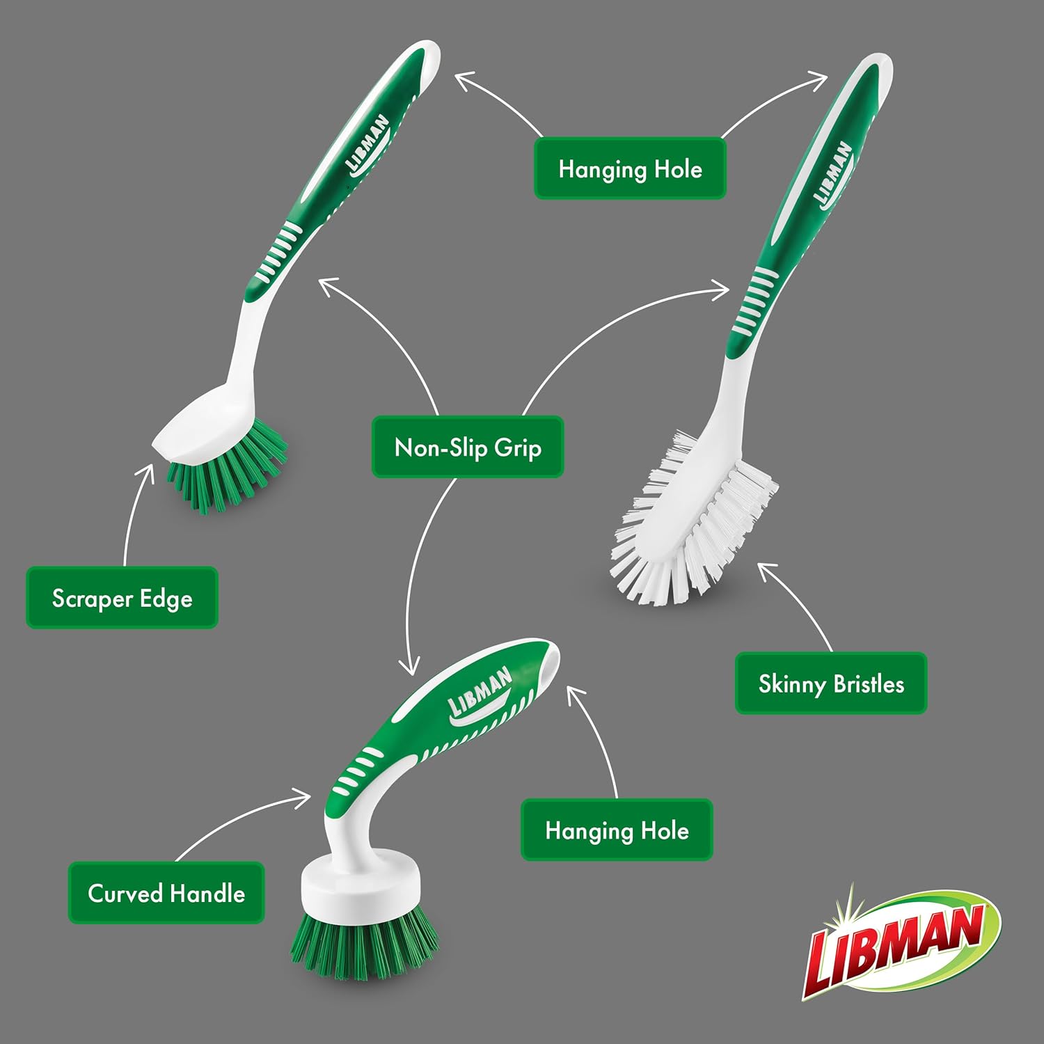 Libman 3-Piece Cleaning Brush Kit for Kitchen Basins Sinks Dishwashers