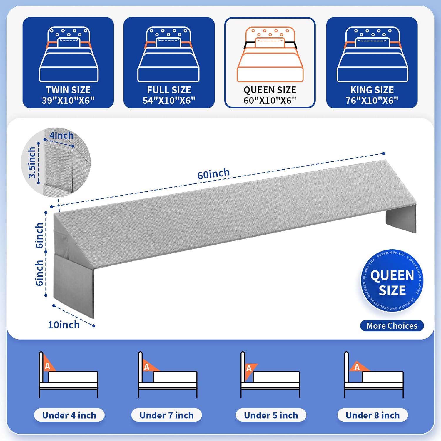 Krightlink Bed Gap Filler Pillow with 2 Pockets