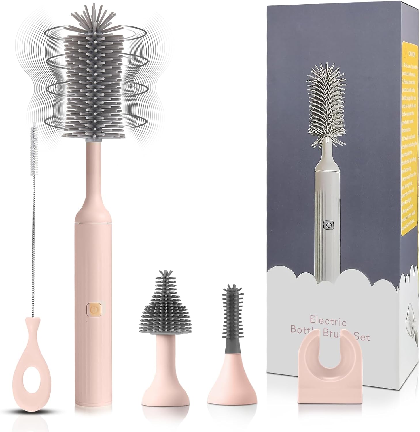 Augensterm Electric Bottle Brush Cleaner with 3 Silicone Brushes and Straw Cleaner Pink