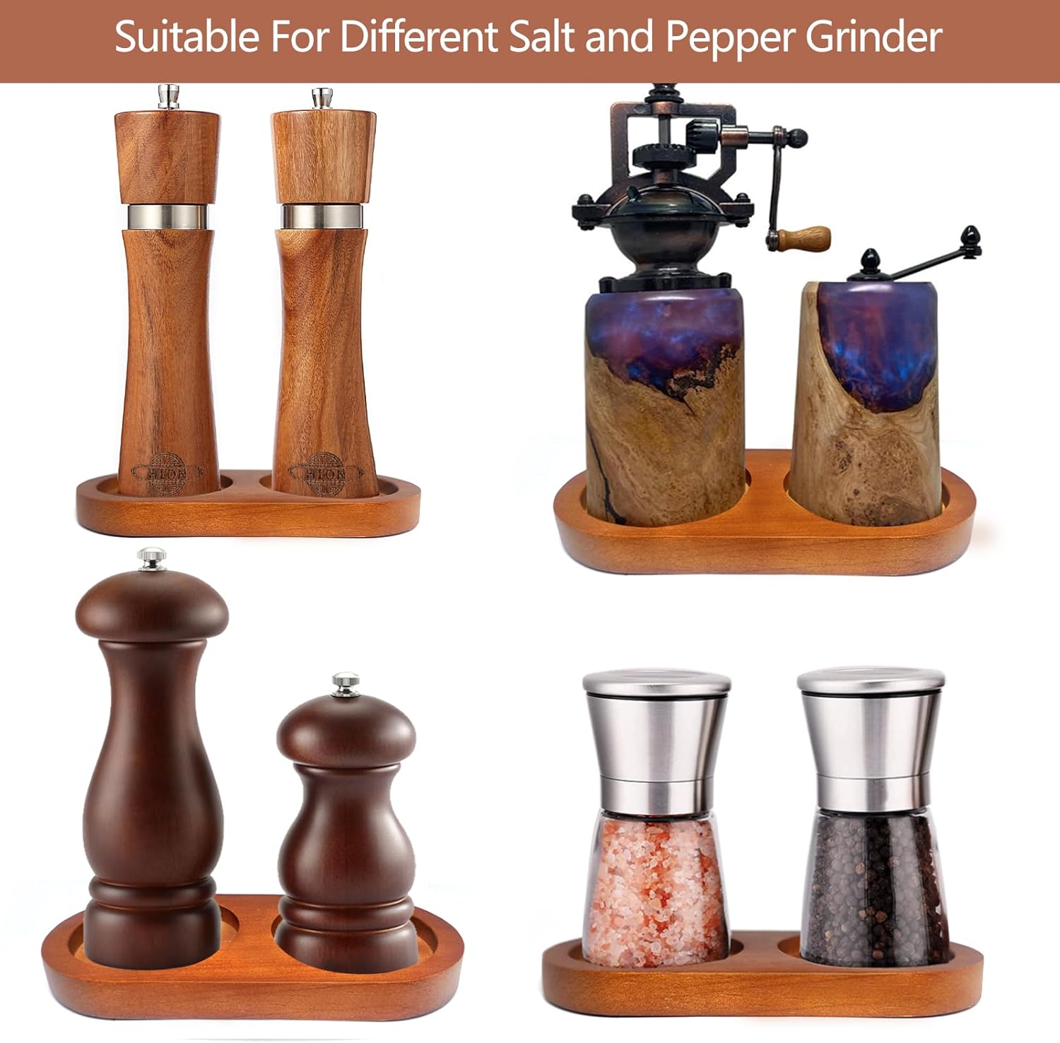 Hion Salt and Pepper Mill Tray - Rubberwood Elegant and Durable