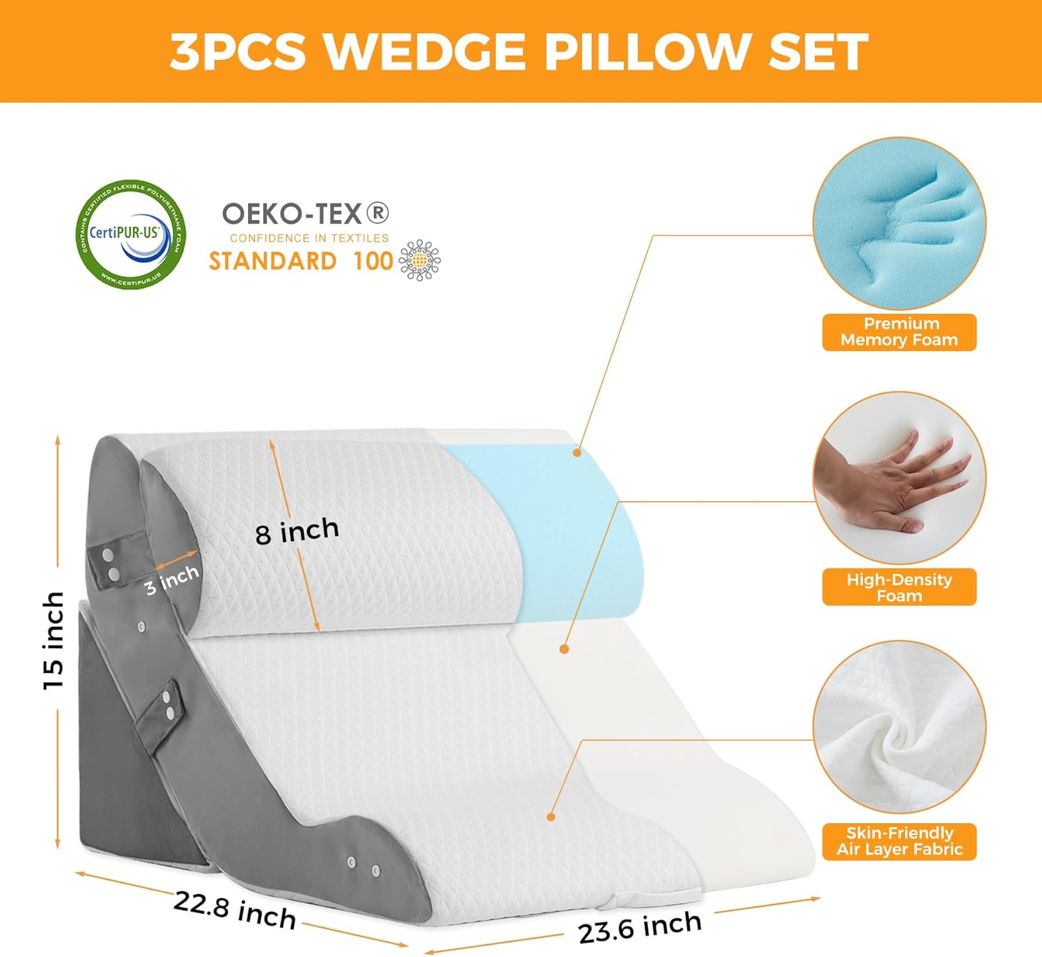 3PCS Adjustable Wedge Pillow Set for Post Surgery and Acid Reflux Relief