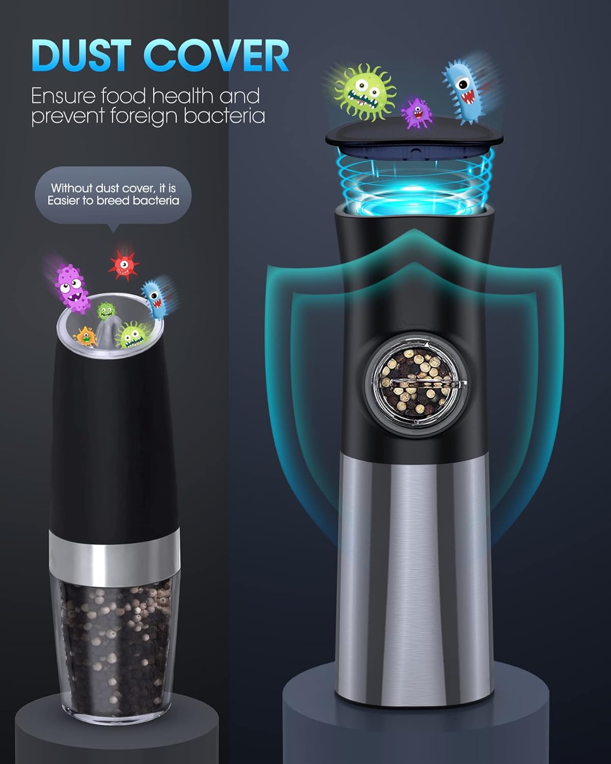 PSOS Gravity Electric Salt Pepper Grinder Set - USB Rechargeable with LED Light