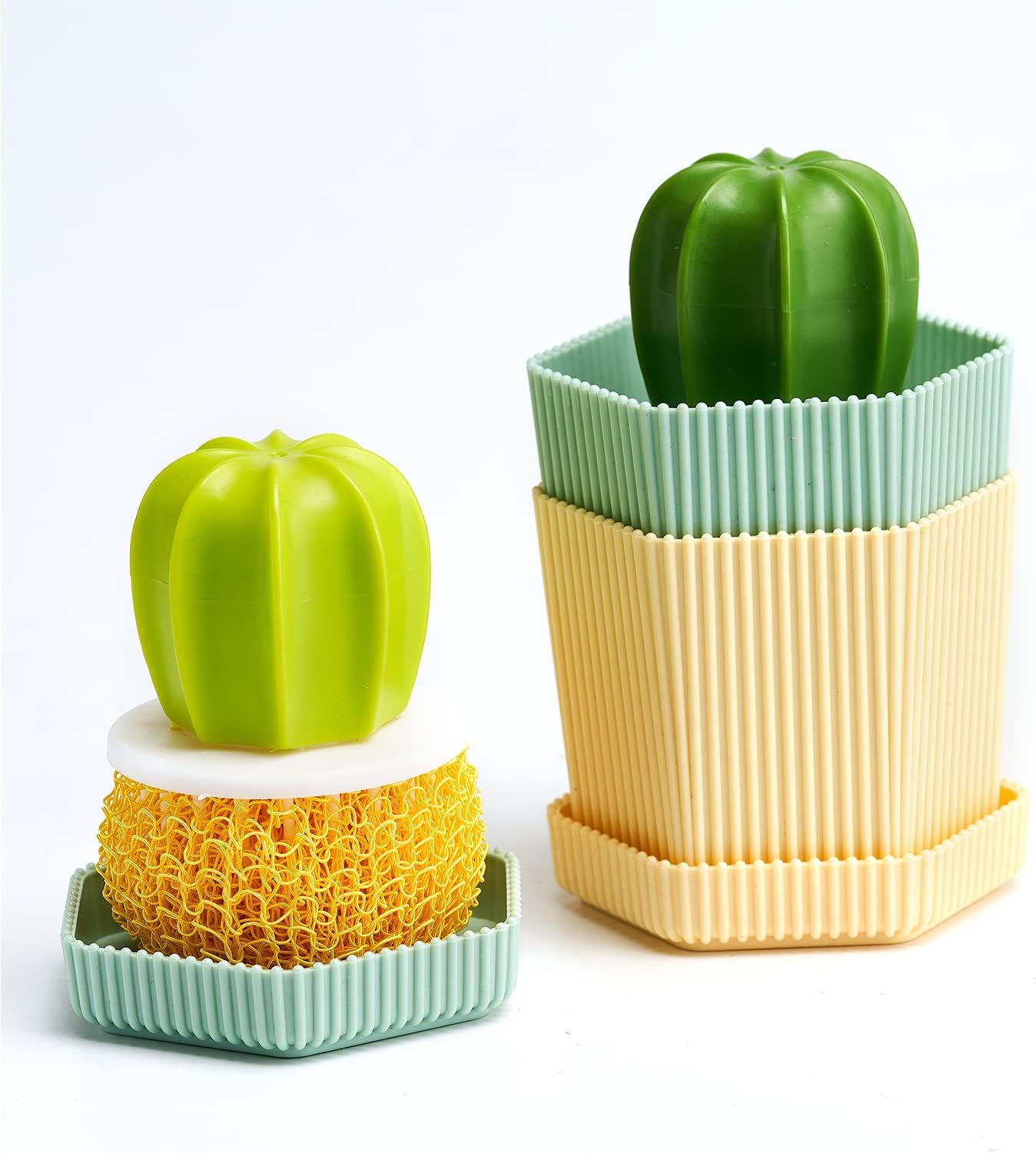Sirensky Cactus Dish Brush Set with Drip Tray Green
