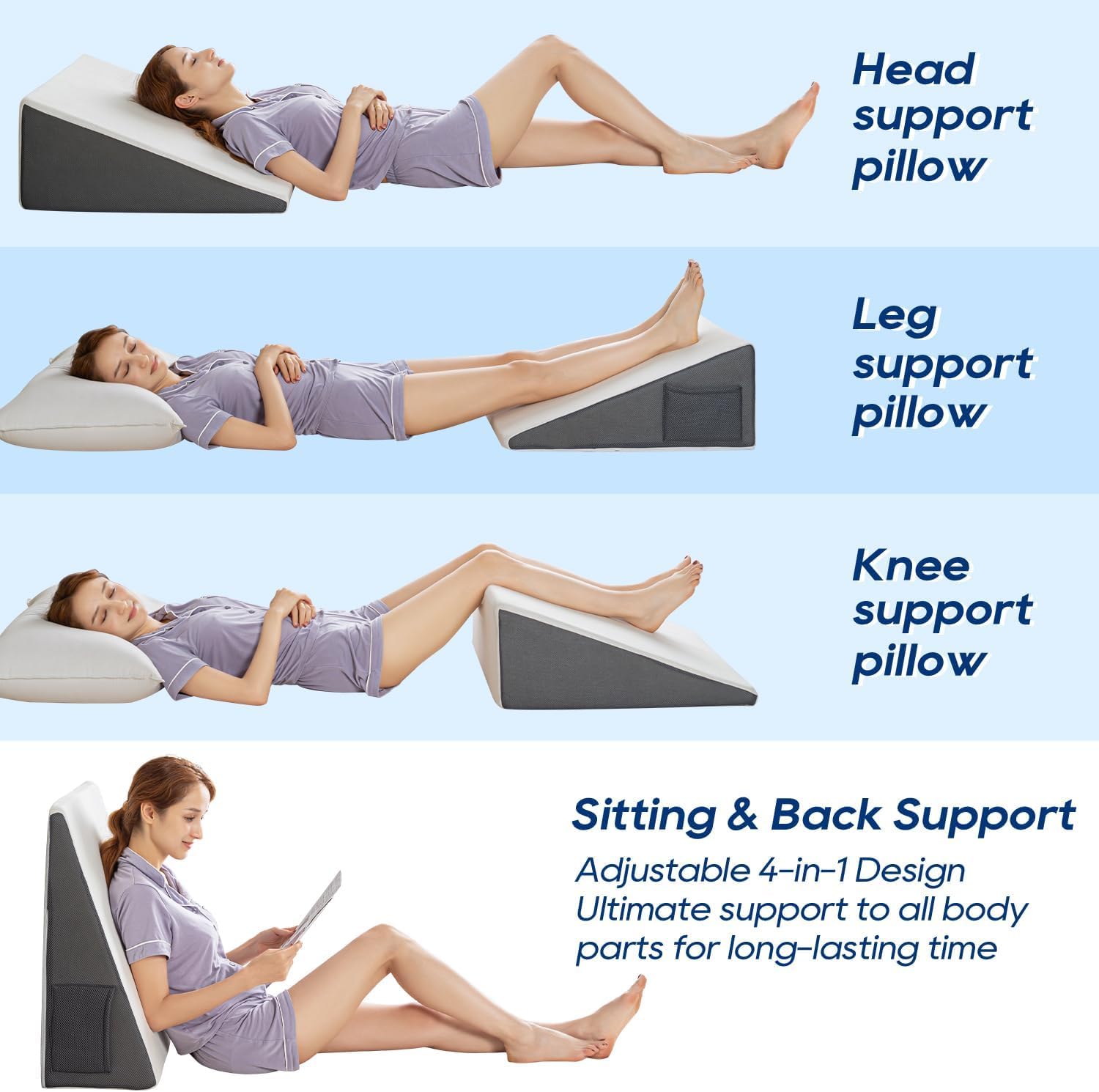 GOHOME 3-in-1 Memory Foam Bed Wedge Pillow with Cooling Cover